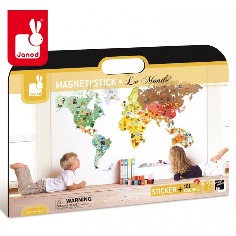 Janod - Naklejka ścienna Mapa Świata ze 101 magnesami - Esy Floresy 