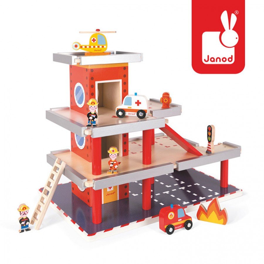 Janod - Remiza garaż drewniany z 10 akcesoriami - Esy Floresy 