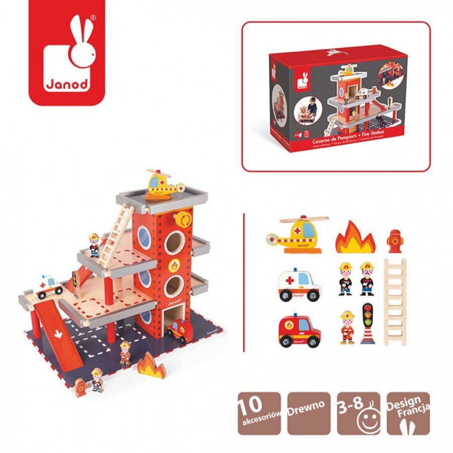 Janod - Remiza garaż drewniany z 10 akcesoriami - Esy Floresy 