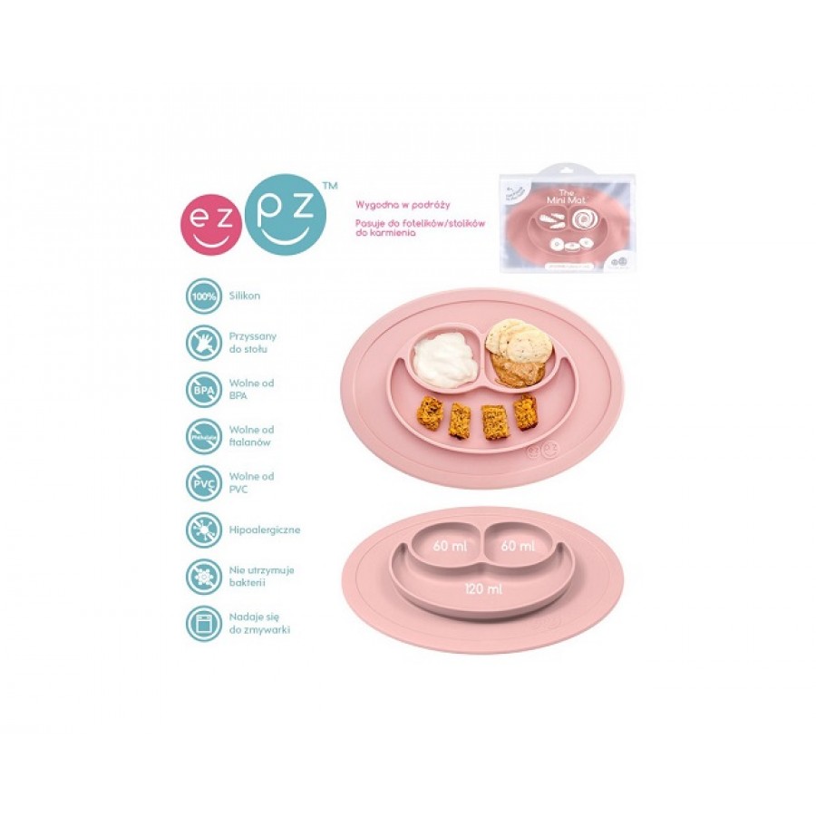 EZPZ Silikonowy talerzyk z podkładką mały 2w1 Mini Mat Pastelowy Róż - Esy Floresy 