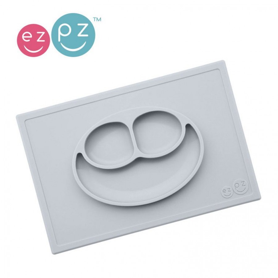 EZPZ -  Silikonowy talerzyk z podkładką 2w1 Happy Mat pastelowa szarość.  - Esy Floresy 