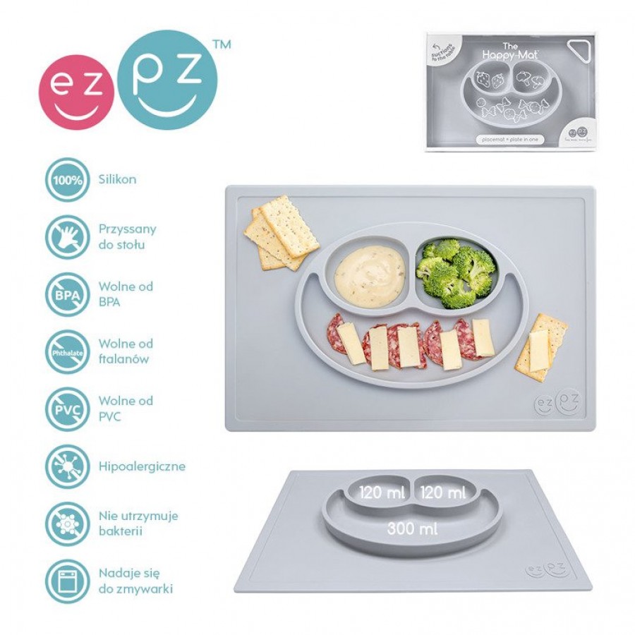 EZPZ -  Silikonowy talerzyk z podkładką 2w1 Happy Mat pastelowa szarość.  - Esy Floresy 