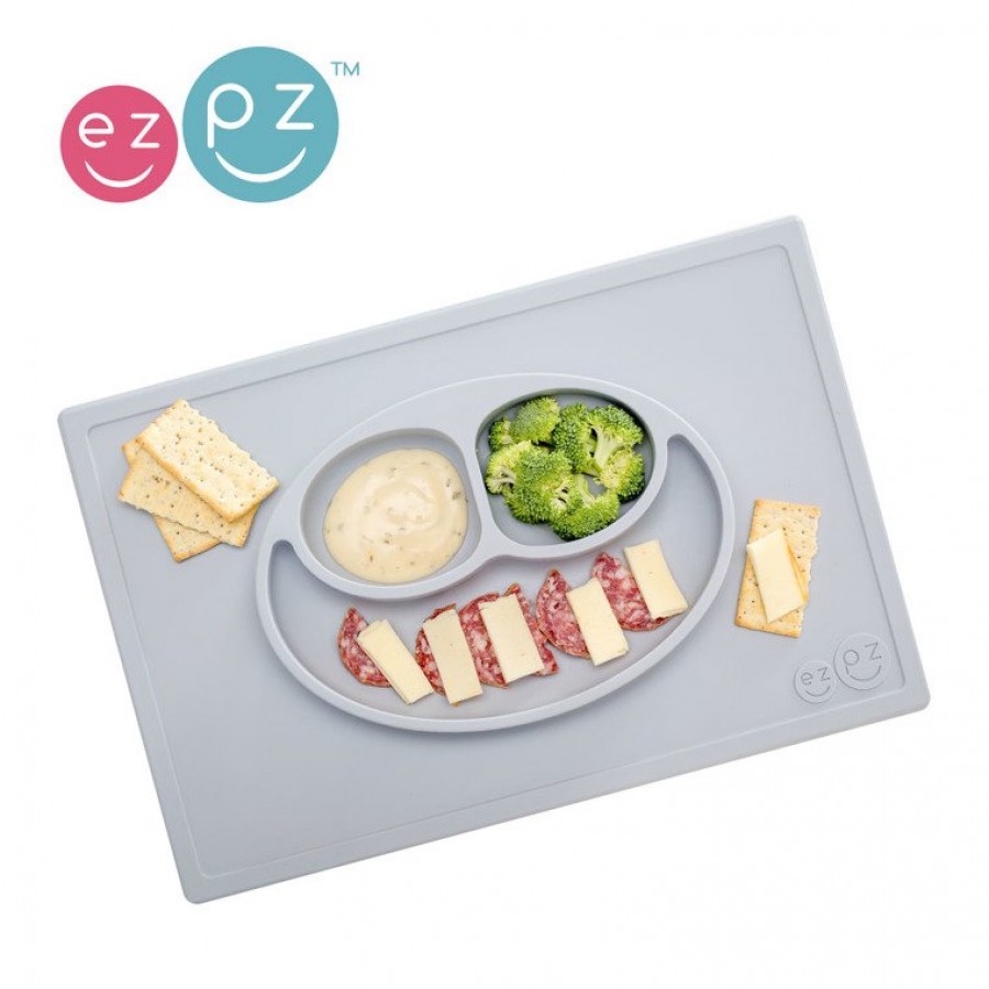 EZPZ -  Silikonowy talerzyk z podkładką 2w1 Happy Mat pastelowa szarość.  - Esy Floresy 