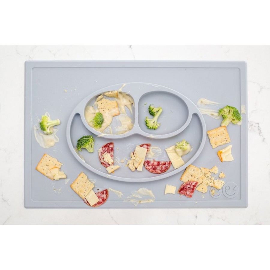 EZPZ -  Silikonowy talerzyk z podkładką 2w1 Happy Mat pastelowa szarość.  - Esy Floresy 