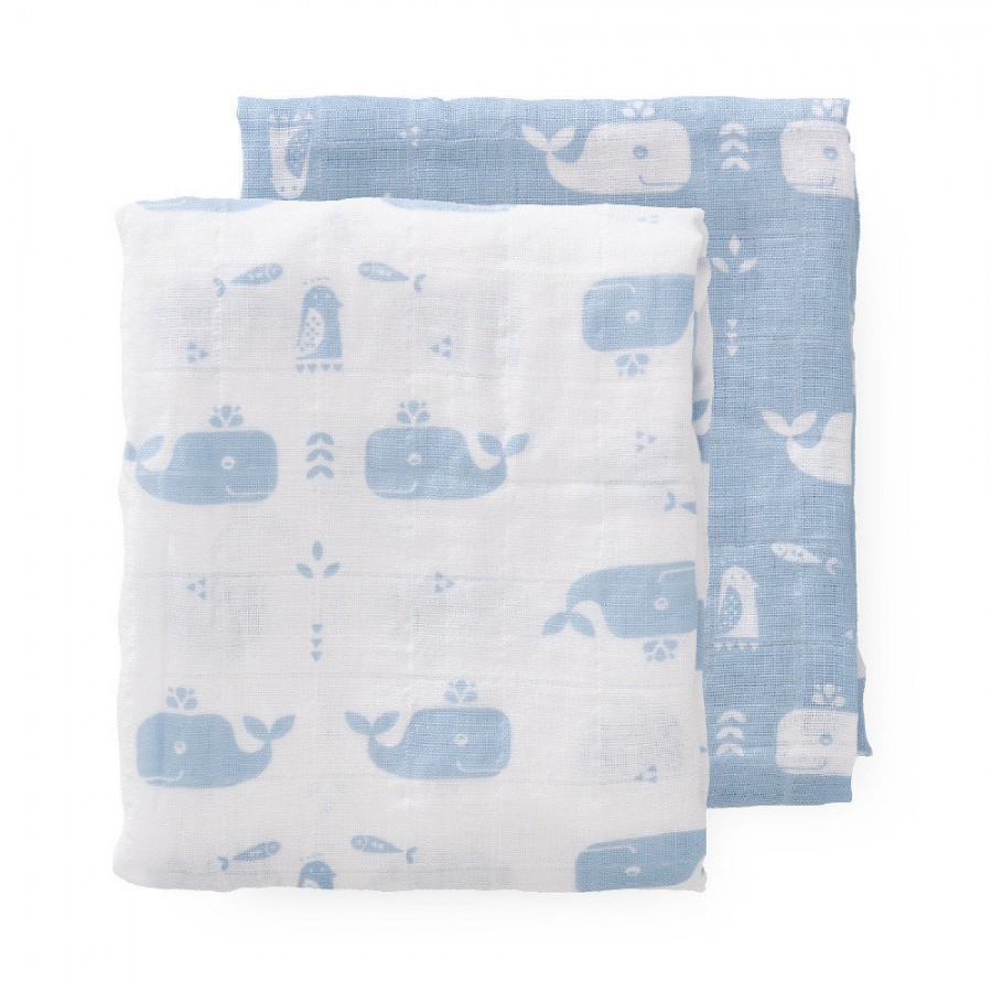 Fresk - Pieluszki muślinowe zestaw 2 szt. 70 x 60 cm Wieloryb Blue fog - Esy Floresy 