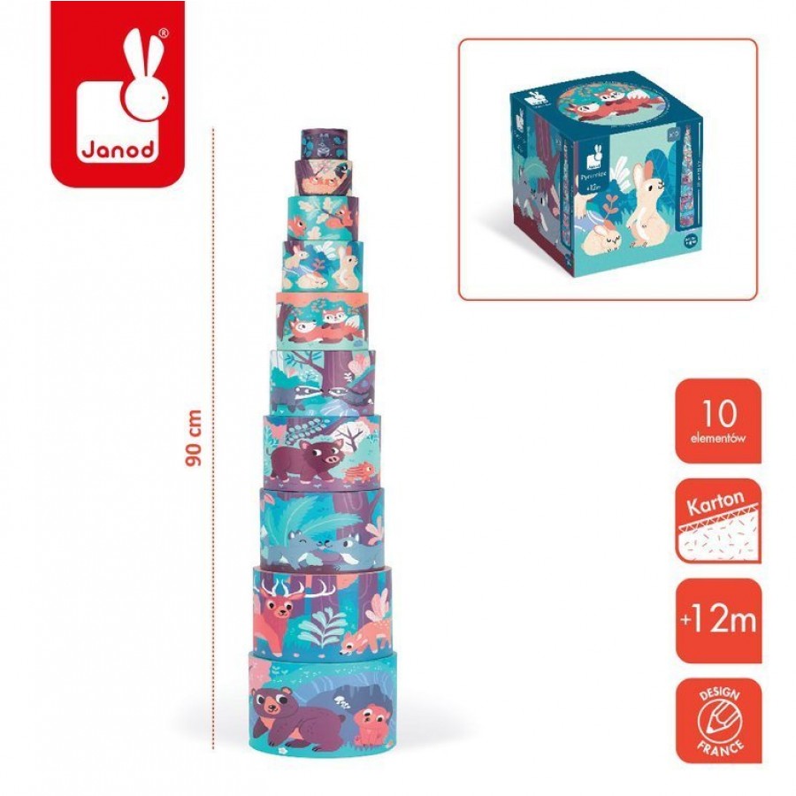 Janod - Piramida wieża okrągła 10 kostek Leśne zwierzęta - Esy Floresy 