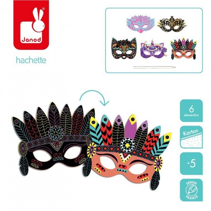 Janod - Zestaw kreatywny Do zdrapywania Maski karnawałowe 5+ - Esy Floresy 