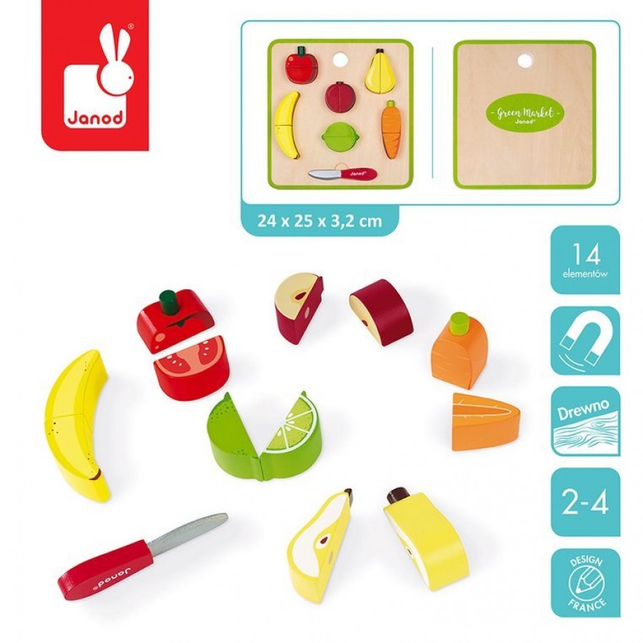 Janod - Układanka drewniana 3D Warzywa i owoce zestaw do krojenia z magnesami - Esy Floresy 
