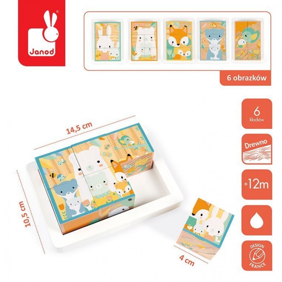 Janod - Klocki drewniane puzzle 6w1 Pure 6 elementów - Esy Floresy 