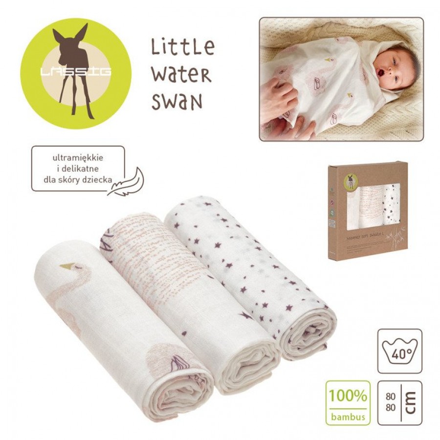 Lassig - Lassig Bambusowy Otulacz-Kocyk 80x80cm Zestaw 3 szt. Little Water Łabędź - Esy Floresy 