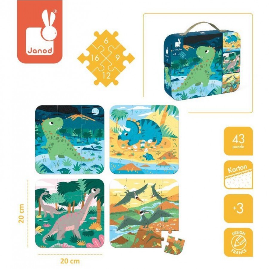 Janod - Puzzle progresywne w walizce Dinozaury 4 układanki – 6, 9, 12 i 16 elementów 3+ - Esy Floresy 