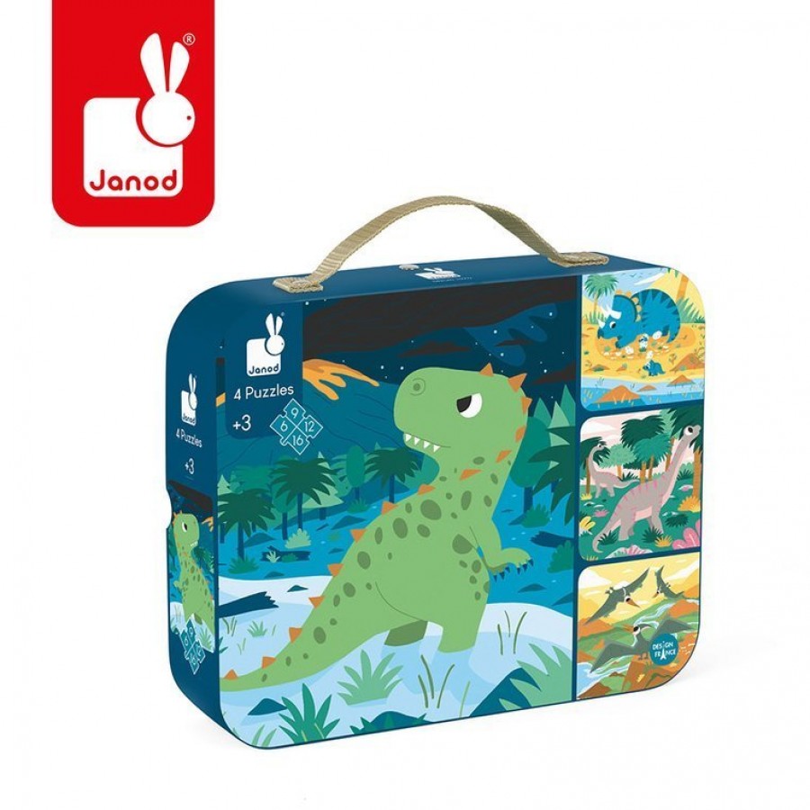Janod - Puzzle progresywne w walizce Dinozaury 4 układanki – 6, 9, 12 i 16 elementów 3+ - Esy Floresy 