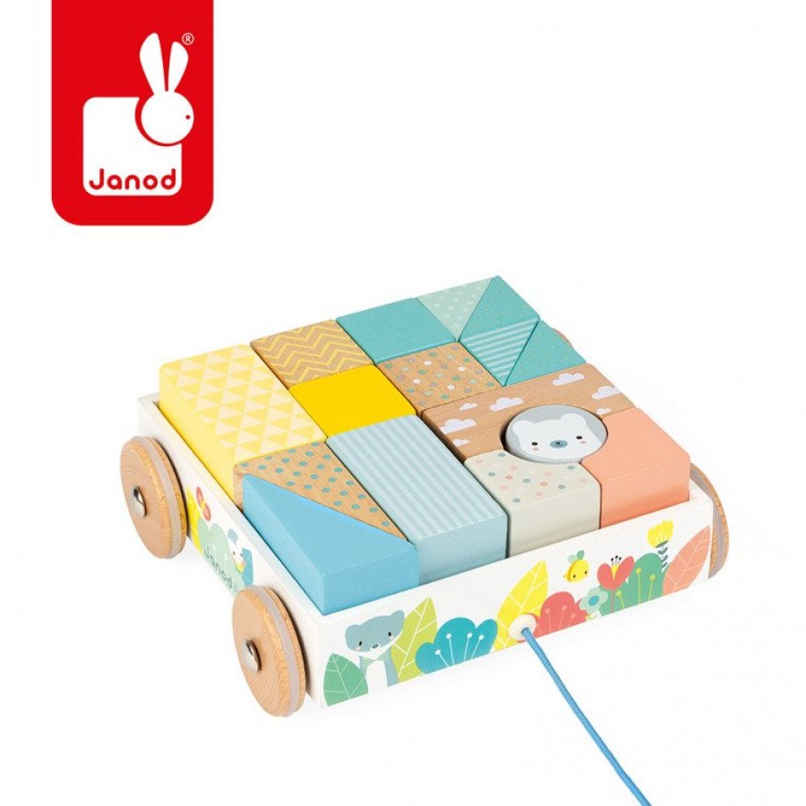 Janod - Wózek drewniany z klockami do ciągnięcia Pure - Esy Floresy 