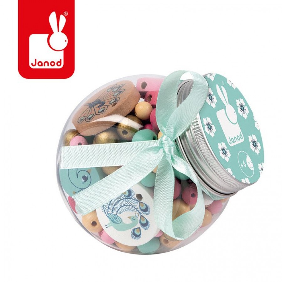 Janod - Zestaw do tworzenia biżuterii Drewniane koraliki z efektem złota Pawie - Esy Floresy 