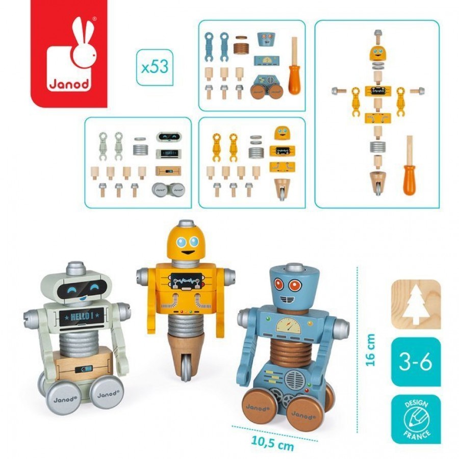 Janod Drewniane roboty do składania ze śrubokrętem Brico'kids - Esy Floresy 