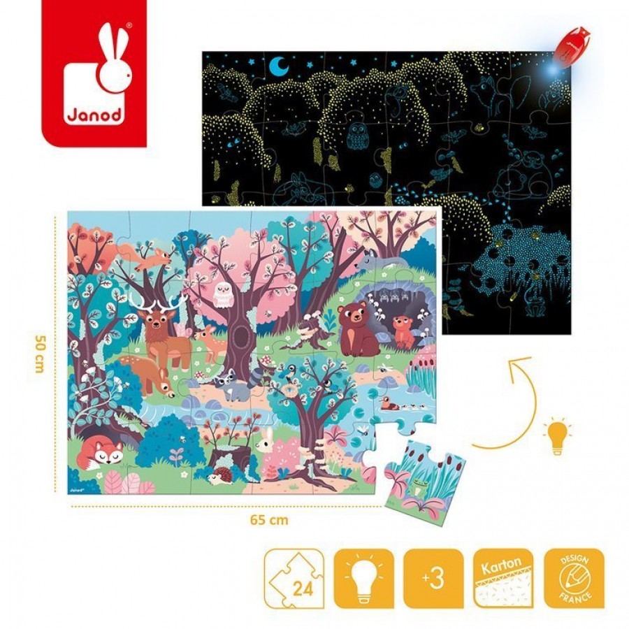 Janod Świecące puzzle z mini-lampką UV Las 24 elementy 3+ - Esy Floresy 