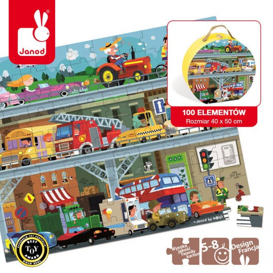 Janod - Puzzle w walizce Pojazdy 100 elementów - Esy Floresy 