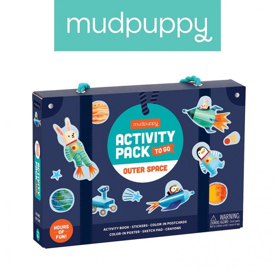 Mudpuppy - Zestaw kreatywny Naklejki, Malowanki, Łamigłówki z 5 kredkami Kosmos 4+  - Esy Floresy 