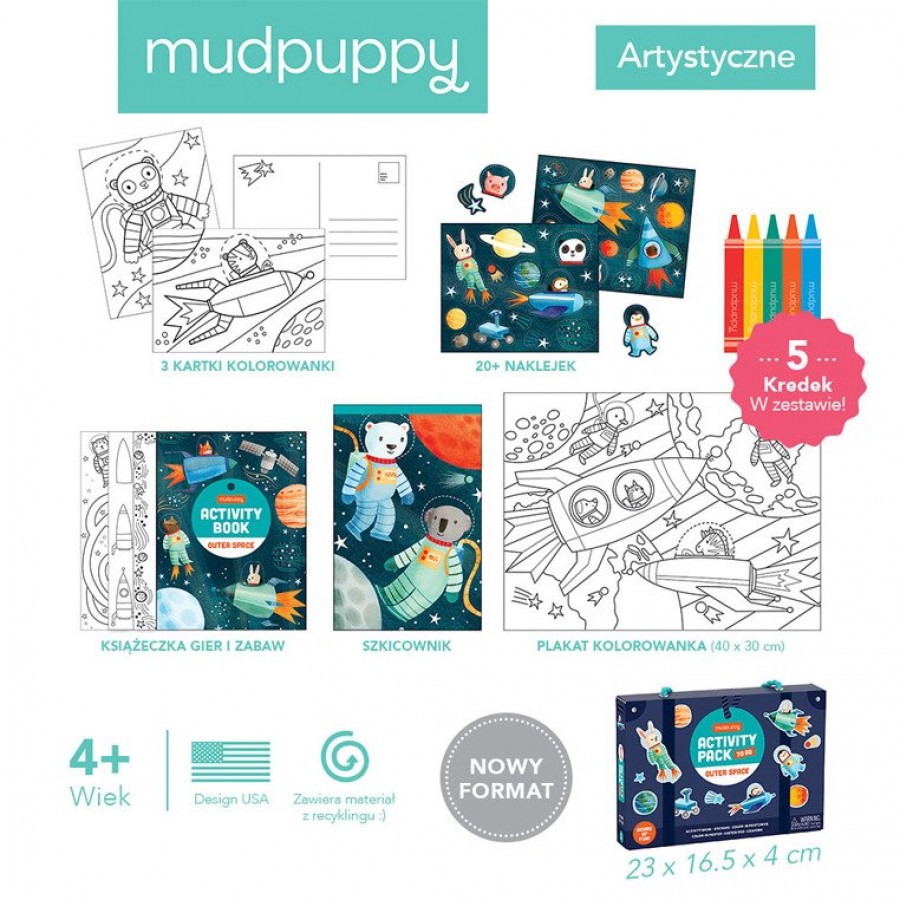 Mudpuppy - Zestaw kreatywny Naklejki, Malowanki, Łamigłówki z 5 kredkami Kosmos 4+  - Esy Floresy 