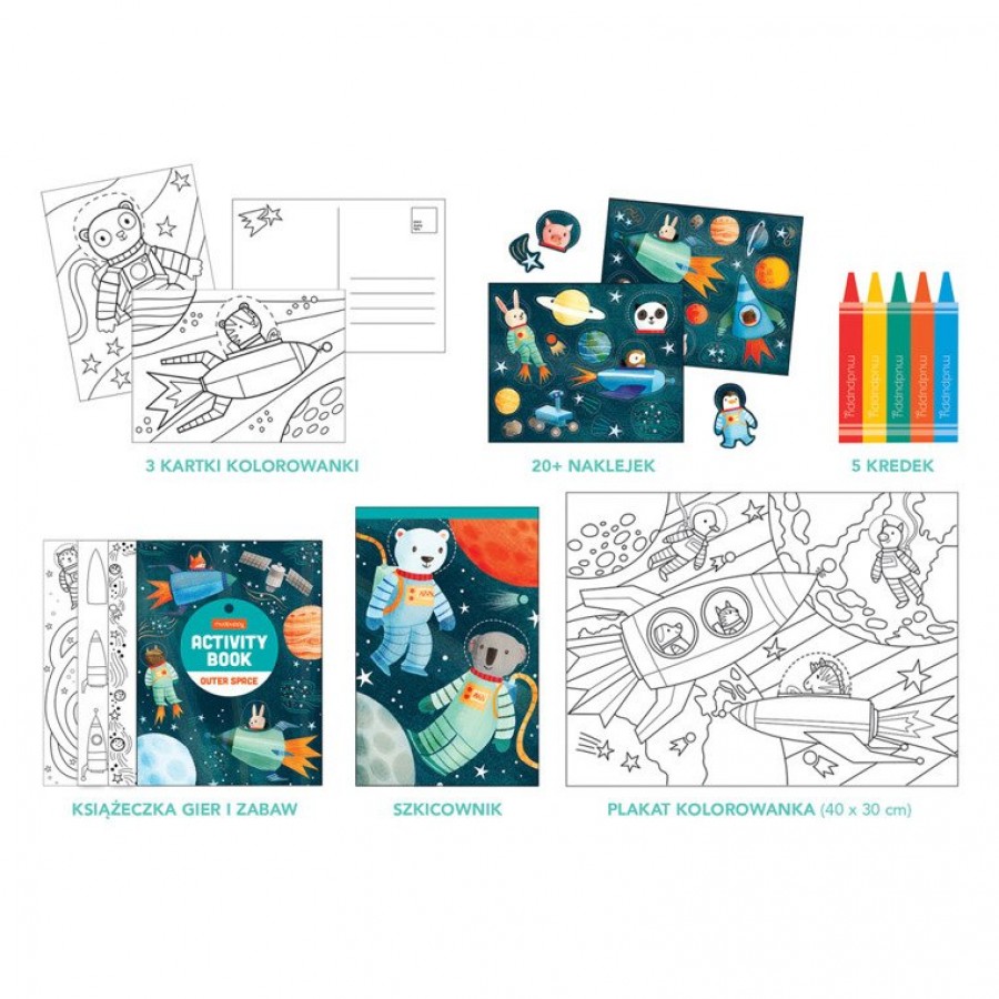 Mudpuppy - Zestaw kreatywny Naklejki, Malowanki, Łamigłówki z 5 kredkami Kosmos 4+  - Esy Floresy 