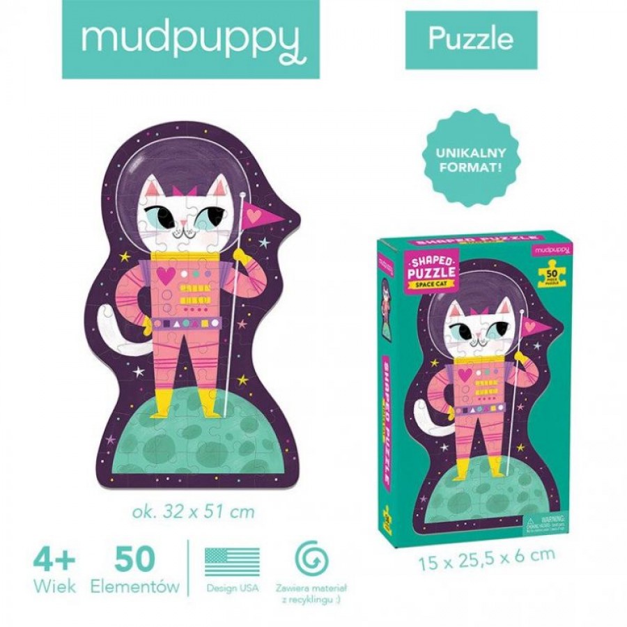 Mudpuppy - Puzzle w kształcie postaci Kotka w kosmosie 50 elementów 4+  - Esy Floresy 