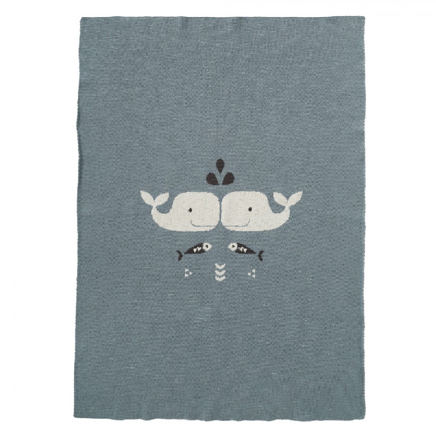  Fresk - Tkany kocyk z bawełny organicznej 80 x 100 cm Wieloryb niebieski - Esy Floresy 